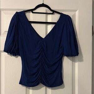 V-Neck Ruched Puff Sleeve Top - Navy Blue